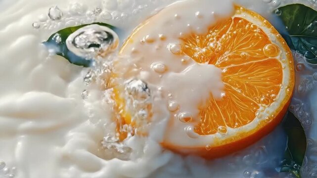 Fresh orange slice with bubbles and green leaves on creamy surface