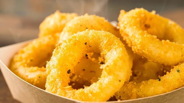 Close-up of golden, crispy onion rings served in a wooden, eco-friendly food container