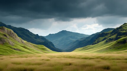 Fototapeta premium A breathtaking landscape featuring rolling green hills and a dramatic sky, capturing the beauty of nature and tranquility.