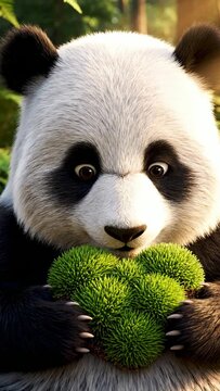 Adorable Panda Holding Green Moss in Forest giant panda black and white panda cute panda holding moss