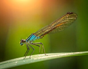 A blue damselfly perches on a green leaf