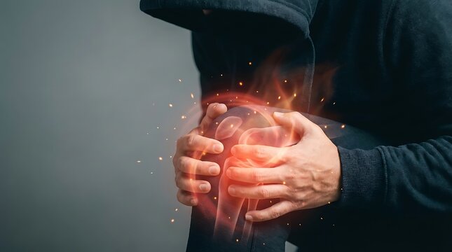 Close-up of a person experiencing knee pain with glowing red inflammation.