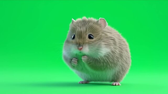 Cute fluffy hamster animation standing surprised on green screen