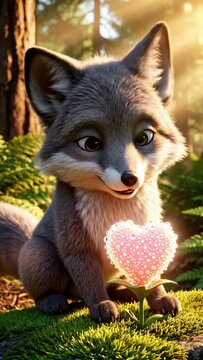 Adorable Fox Holding Heart Shaped Flower in Forest Glade Nature Scene with Soft Focus and Warm Lighting