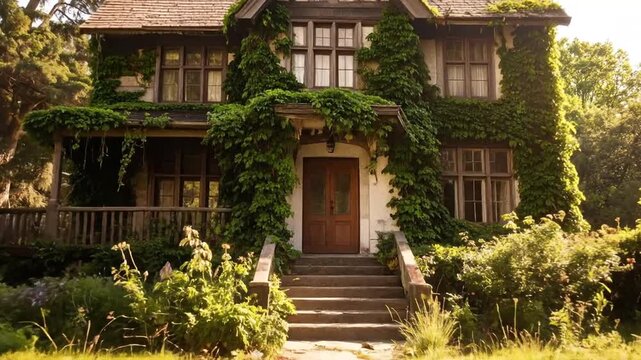 A charming, ivy-covered house with steps leading to the front door, nestled amongst lush greenery