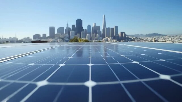 Solar panels with city skyline in background on a clear day