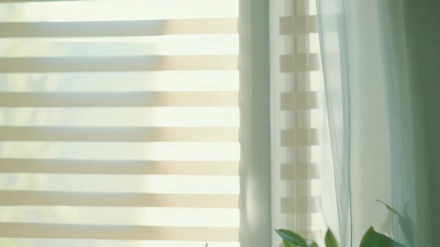 Green plant branch with fresh leaves receives soft natural light filtering through horizontal window blinds and a sheer curtain, creating a serene and airy indoor atmosphere