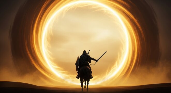 Warrior on horseback approaches glowing portal in desert landscape