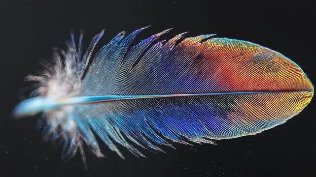 A macro shot of a vibrant feather, displaying rich colors and delicate details