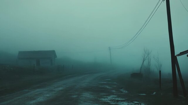 Dirt road winds through a desolate rural landscape, with old decaying buildings and a utility pole shrouded in thick, eerie mist, symbolizing loneliness and mystery
