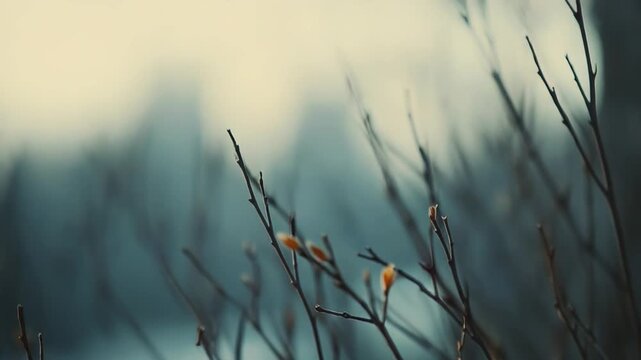 Delicate young buds and tiny leaves unfurling on bare branches, signaling springs arrival and new growth in a tranquil, softly lit natural setting of hope and renewal