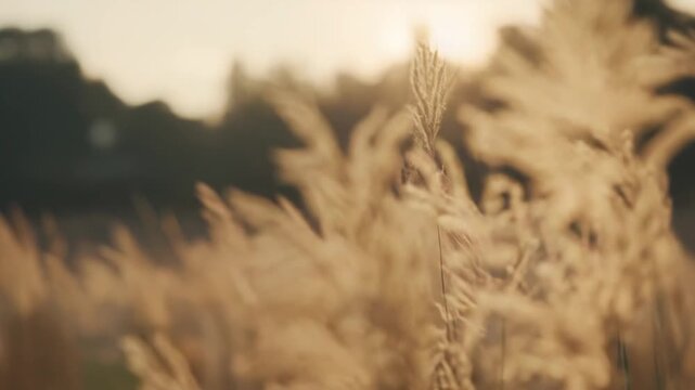 Dry reed plumes standing upright and rustling softly, catching the warm, golden light during a beautiful, tranquil sunset in a natural field environment