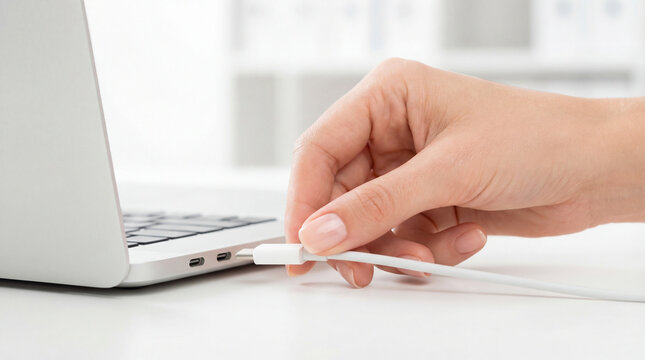 Female Hand Connecting White USB-C Cable to Silver Laptop Port, Office Connectivity Concept