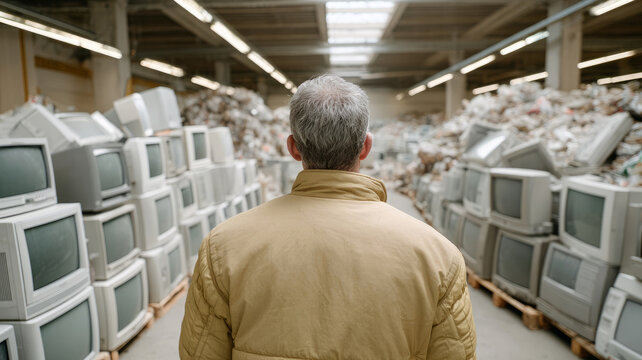Person inspecting vintage computer monitors in warehouse