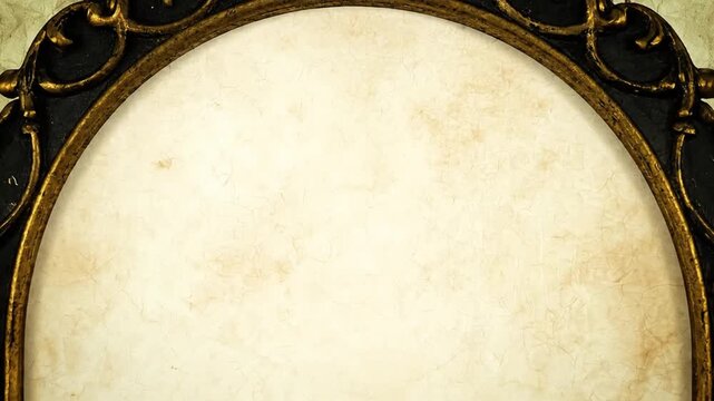 Ornate, arched frame with gold trim, black paint and a vintage parchment background