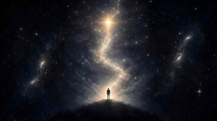 Obraz premium Silhouette Of Man Looking At Path Of Glowing Stars Leading To Bright Light In Night Sky.
