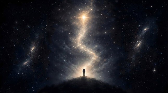 Silhouette Of Man Looking At Path Of Glowing Stars Leading To Bright Light In Night Sky.