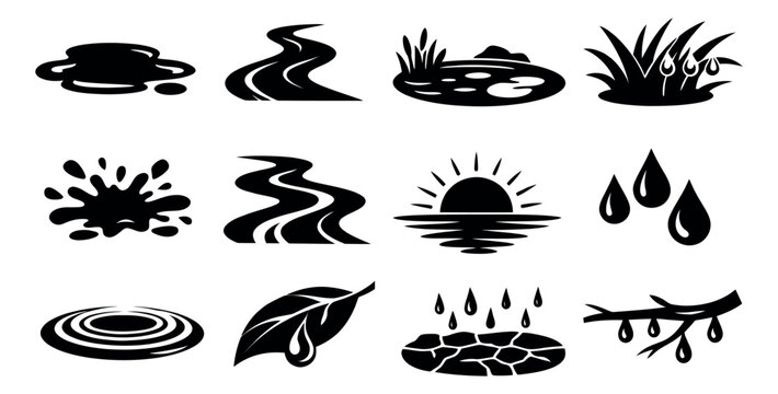 Simple silhouette water icon set featuring puddles, rivers, splashes, and raindrops for environmental themes
