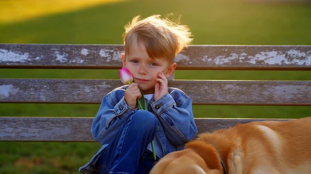 A boy with freckles on a park bench holds a tulip to his cheek while looking thoughtfully at the camera with his golden retriever at his feet in golden hour light, concept of gentle reflection and spr