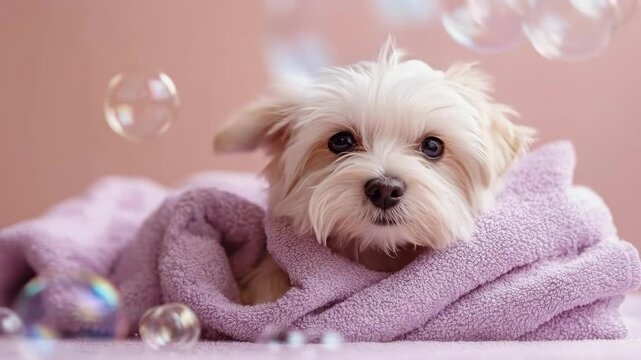 Adorable white terrier wrapped in cozy purple blanket with bubbles on pink background