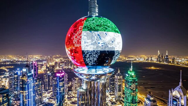 Kuwait City Skyline at Night with Kuwait Flag on Sphere Building nighttime cityscape urban landscape