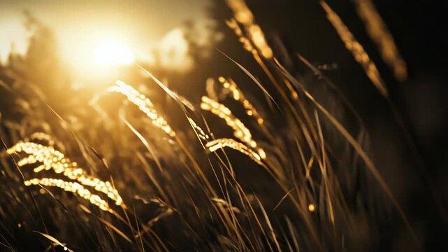 Field grass glowing golden in warm sunset light, bokeh highlights and soft haze creating a tranquil, dreamy meadow scene at dusk, peaceful and idyllic