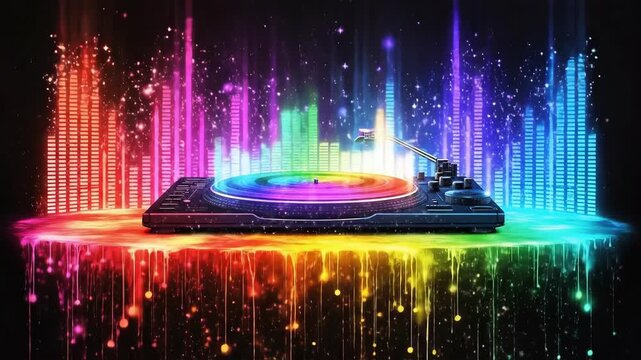 Vibrant dj turntable with rainbow colors and light trails on black background
