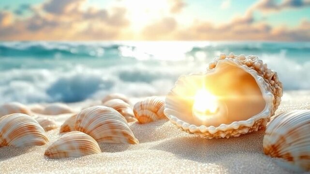 Open seashell with pearl on sandy beach at sunrise