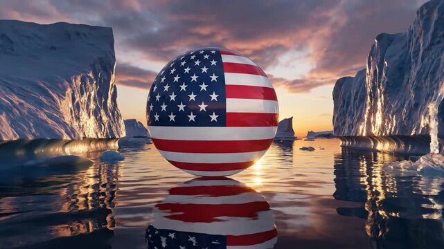 American Flag Sphere on Icy Waters at Sunset Patriotic Concept USA flag globe