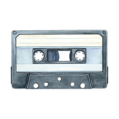 Obraz premium A vintage cassette tape featuring a label, two circular reels, and multiple holes for playback.