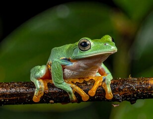 Obraz premium A small green frog perched on a wet brown branch