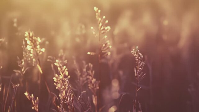Wild grass field backlit by warm golden hour sun, seeds and stems glowing softly with bokeh, creating a tranquil, serene summer meadow at dusk or dawn