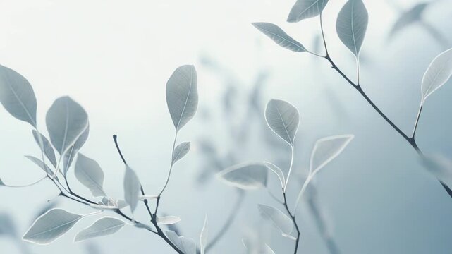 Branches with delicate translucent leaves softly catching light, depicting tranquility, growth, and natural beauty against a serene light blue background