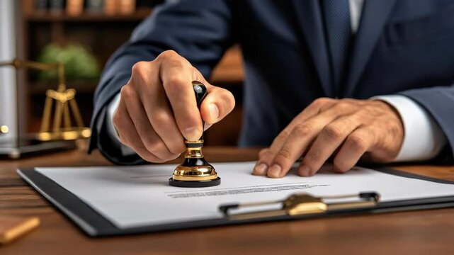 Businessman signing important document with seal in office setting