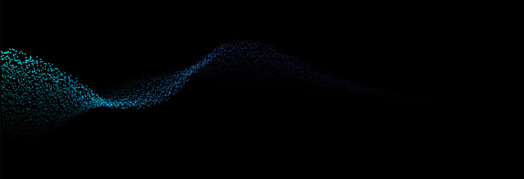 Flowing dots particles wave pattern 3D curve halftone blue green gradient curve shape isolated on black background. Vector in concept of technology, science, music, modern.
