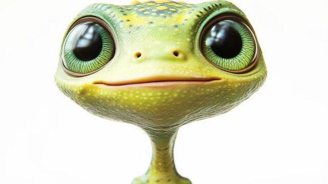 Cute green character with big eyes stands on a plain background