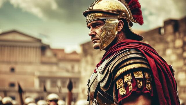 Roman soldier stands guard in ancient city with armor and helmet