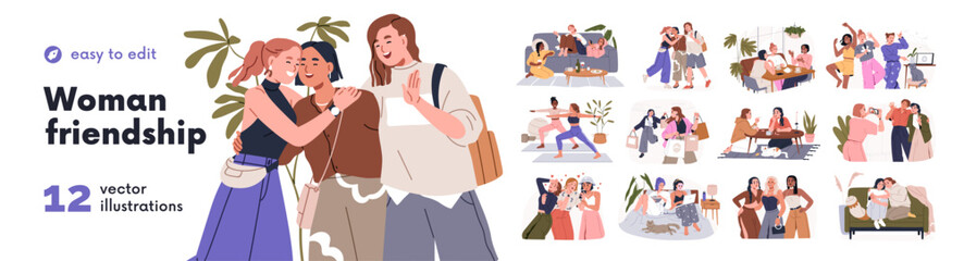 Obraz na płótnie Canvas Woman friends set. Female friendship. Young women meeting, communication. Happy girls at leisure activities, shopping, cafe, home party together. Flat vector illustration isolated on white background