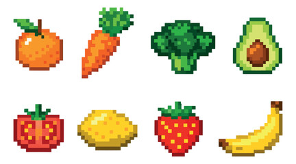 Fototapeta premium Pixel art fruits and vegetables set featuring an orange, carrot, broccoli, avocado, tomato, lemon, strawberry, and banana for retro video games
