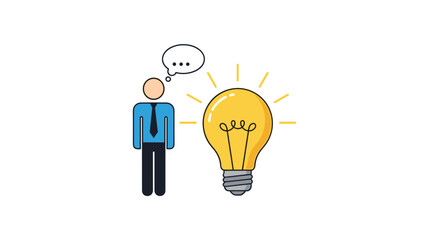Simple flat icon of a businessman with a thought bubble standing next to a large, bright yellow lightbulb, representing a new idea.