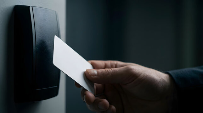 Hand tapping white plastic access card against security system reader on wall.
