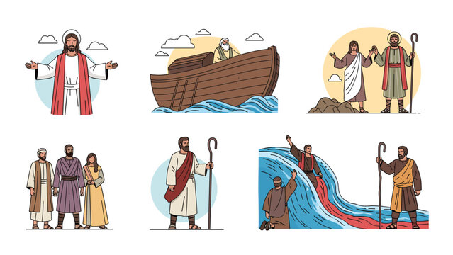 A set of six illustrations depicting famous bible stories, including Jesus Christ, Noah's Ark, and Moses parting the Red Sea.