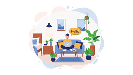 Naklejka premium A man working on his laptop while sitting comfortably on a sofa in a cozy, plant-filled living room, representing remote work.