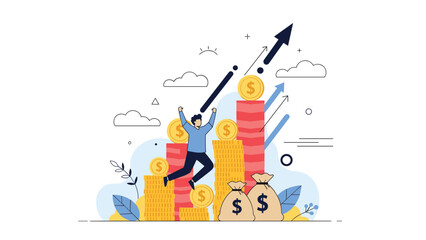 Obraz premium A cheerful businessman jumping for joy on growing stacks of gold coins, celebrating financial success, profit, and investment growth.