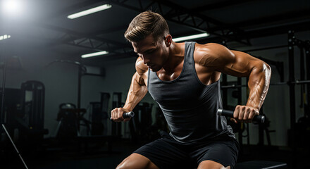 Muscular Man Engaged in Intense Gym Rowing Workout