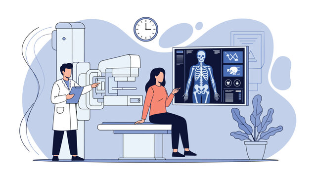 A doctor explaining the results of a medical scan to a female patient, with an x-ray of a human skeleton visible on a large screen.