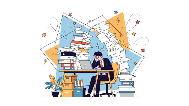 A stressed and overworked businessman falling asleep at his desk, surrounded by massive stacks of paperwork and feeling overwhelmed.