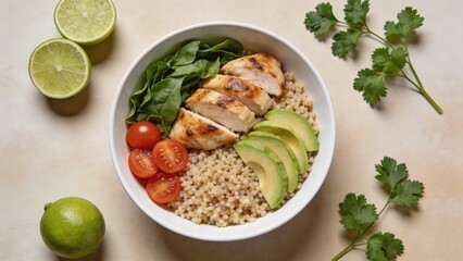 Healthy chicken quinoa bowl with veggies