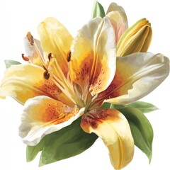 Watercolor style depiction of a yellow and white lily with green leaves