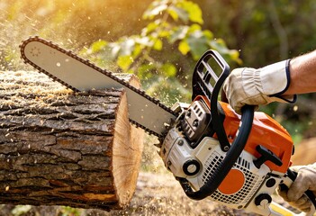 Naklejka premium Close-up of a power saw cutting through a thick tree trunk, showering wood chips under bright sunlit conditions.